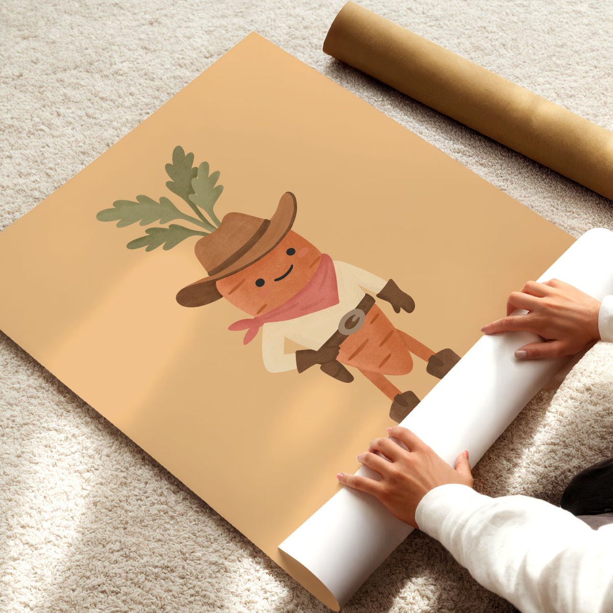 Funny carrot character wearing cowboy boots and hat with green leafy top and warm retro colours.