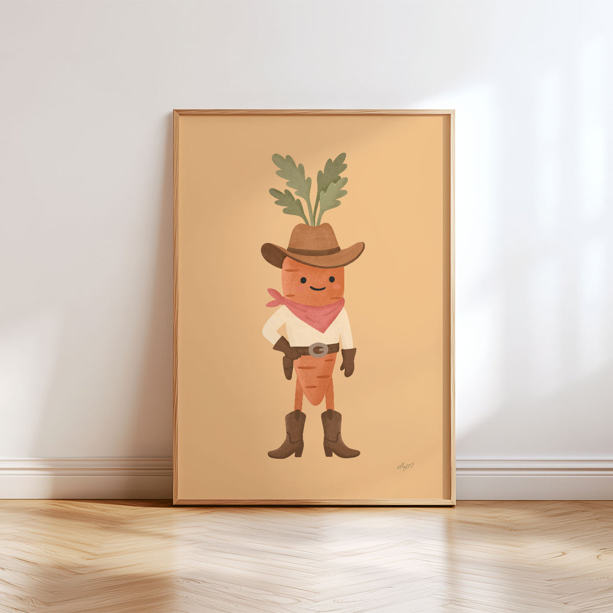 Whimsical carrot cowboy illustration for a Western-themed kids bedroom, nursery or playroom.