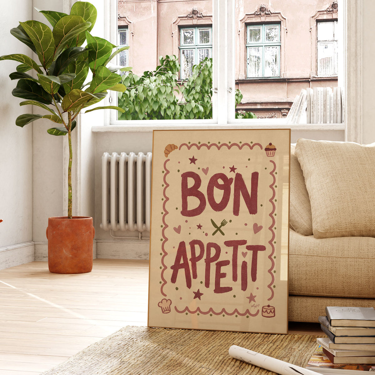 Retro kitchen wall art with Bon Appétit typography surrounded by stars, hearts, cakes and cooking details.