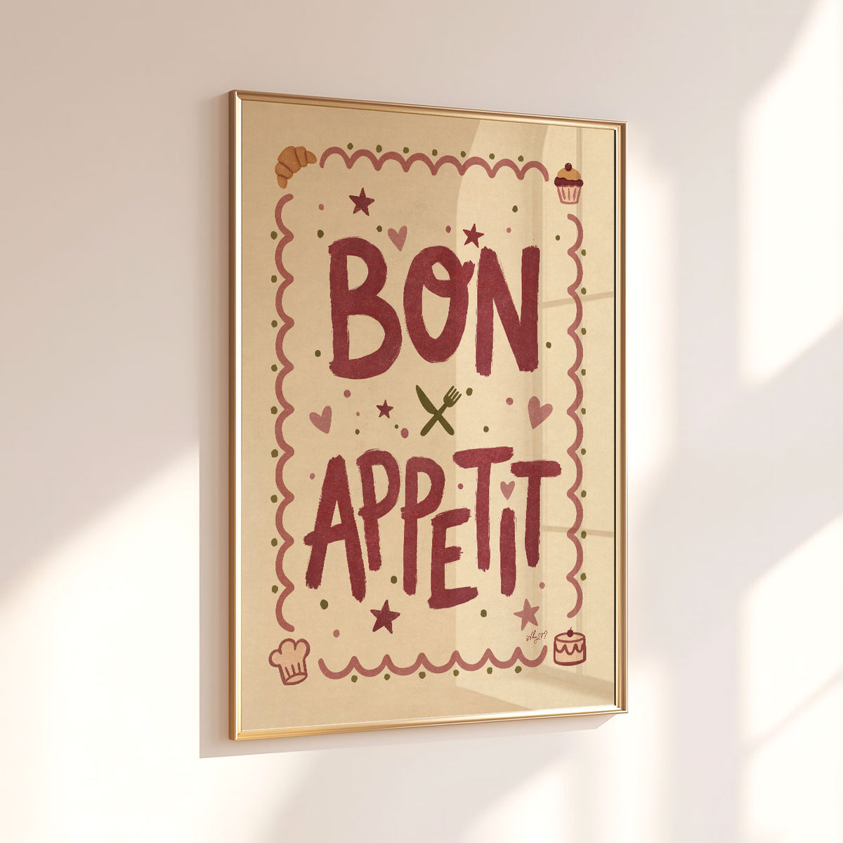 Bon Appétit kids poster in warm neutral and berry tones for a play kitchen, playroom or dining space.