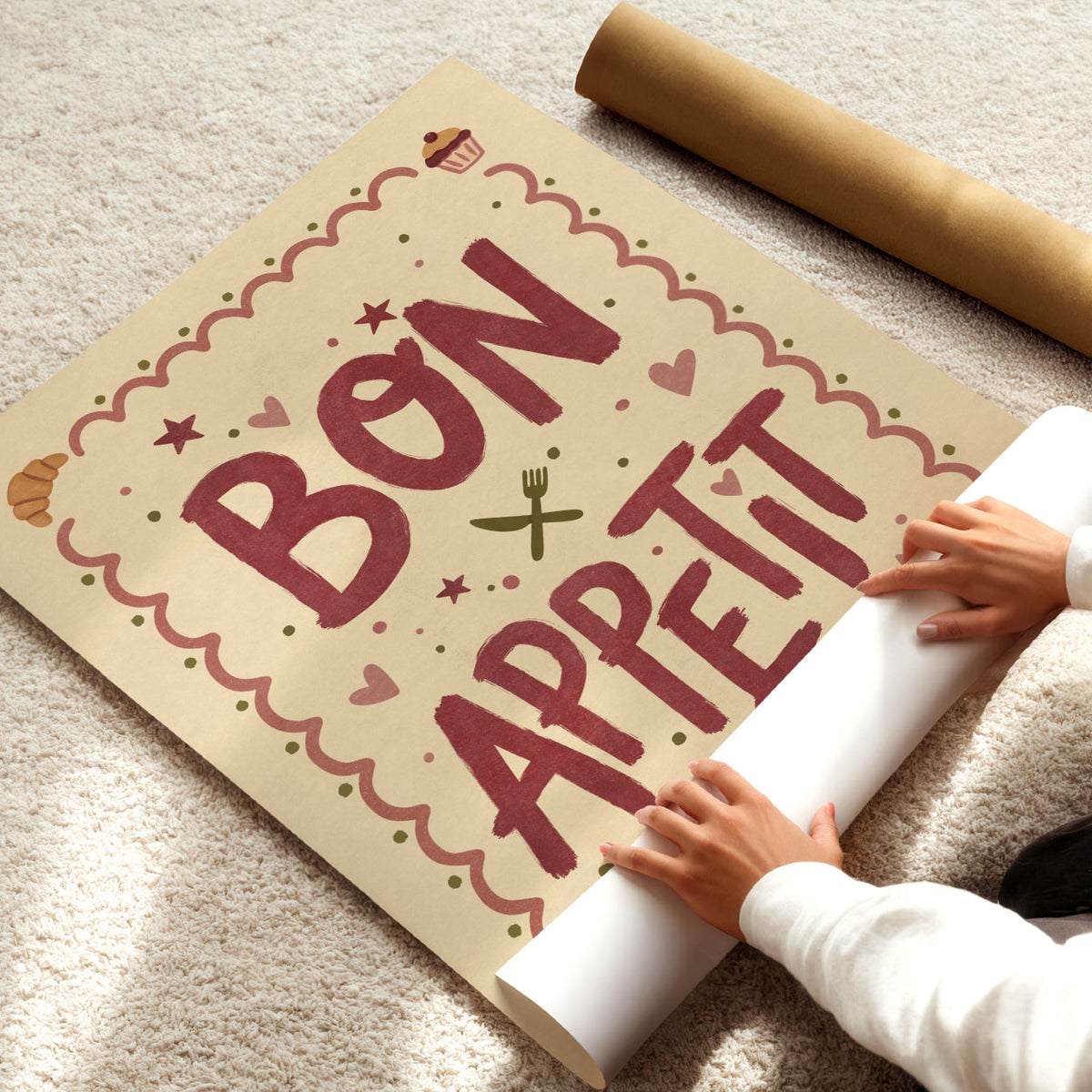 Playful little chef wall art featuring large Bon Appétit lettering and hand-drawn food illustrations.