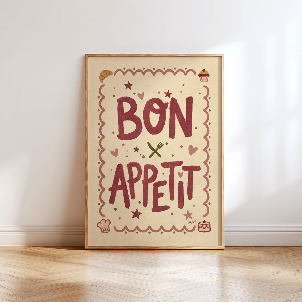 Hand-lettered Bon Appétit food poster in cream, burgundy and dusty pink with playful bakery illustrations.