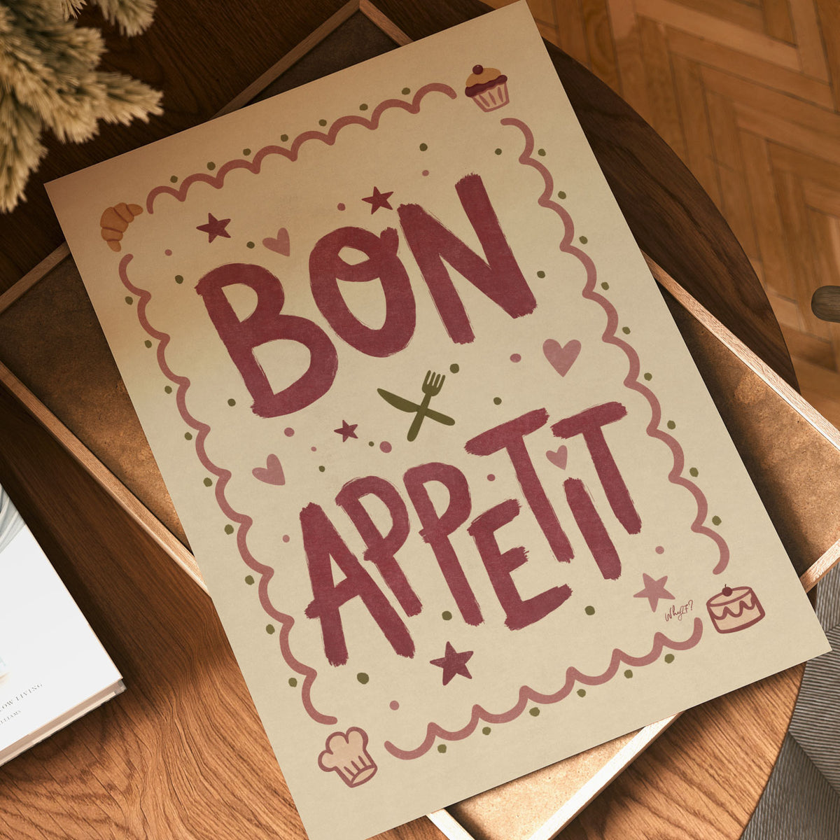 Kids kitchen wall art featuring Bon Appétit lettering with croissant, cupcake, cutlery and chef hat details.
