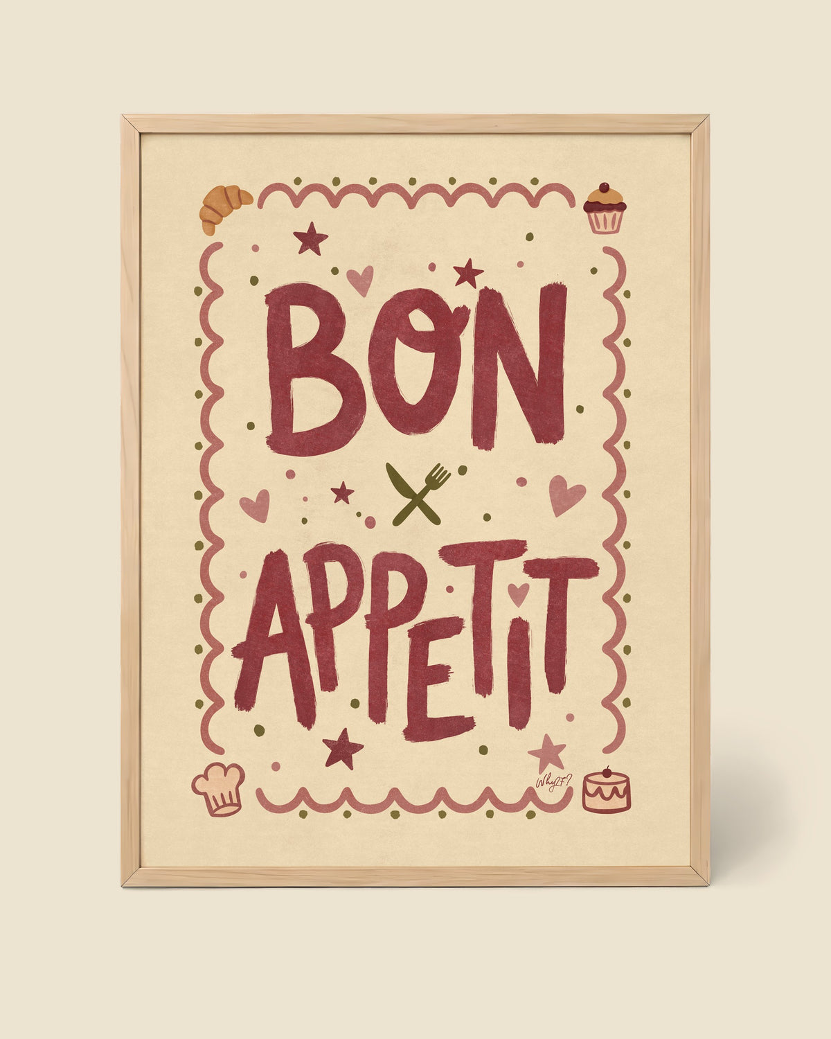 Bon Appetit Poster framed in a natural wood frame