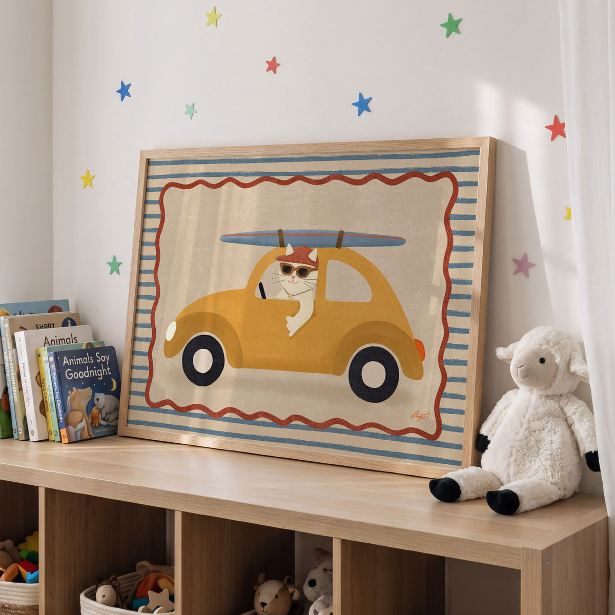 Landscape poster of a cat in sunglasses driving a yellow car with a surfboard on the roof