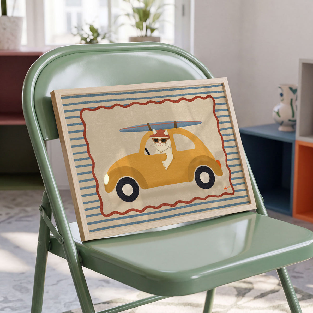 Landscape poster of a cat in sunglasses driving a yellow car with a surfboard on the roof