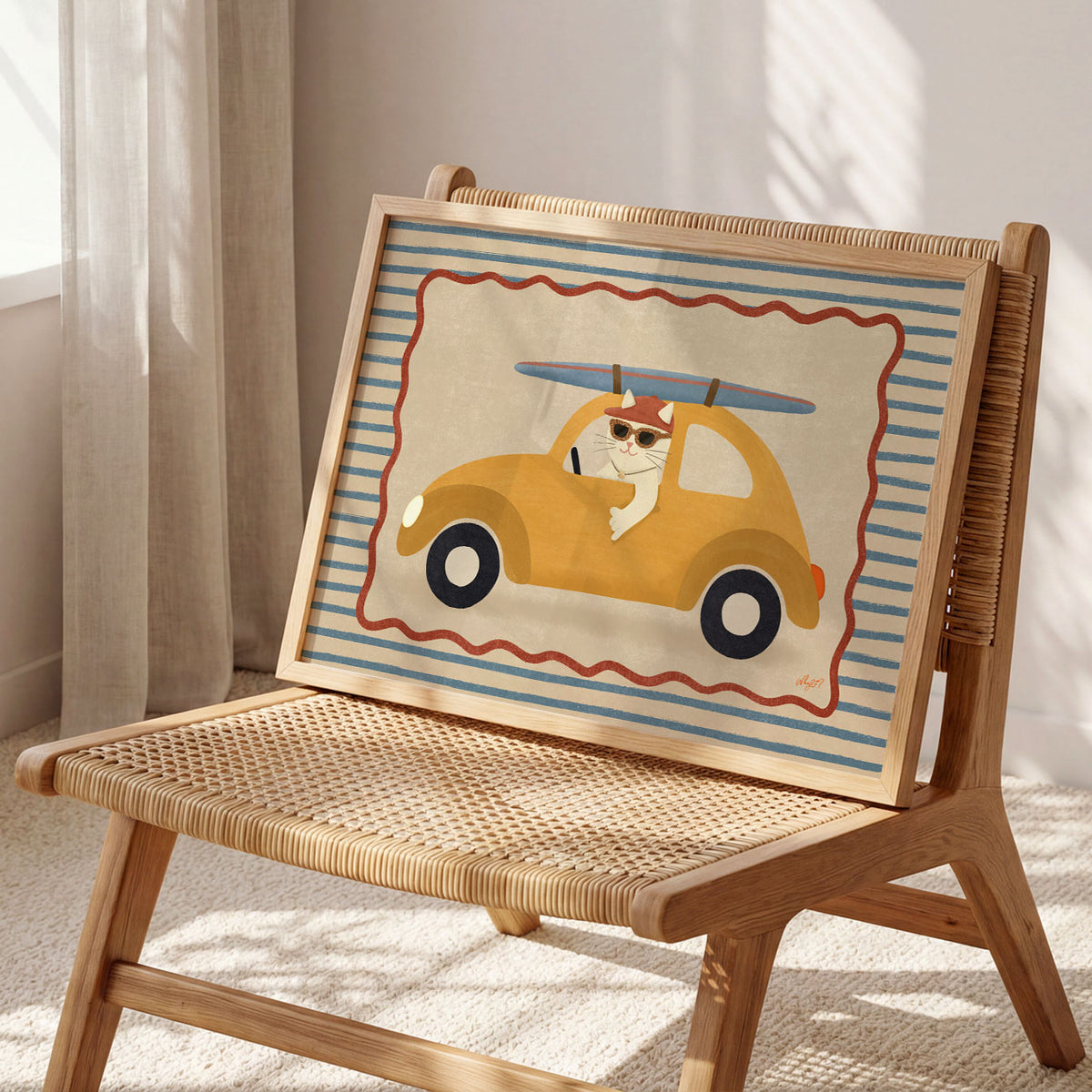 Landscape poster of a cat in sunglasses driving a yellow car with a surfboard on the roof