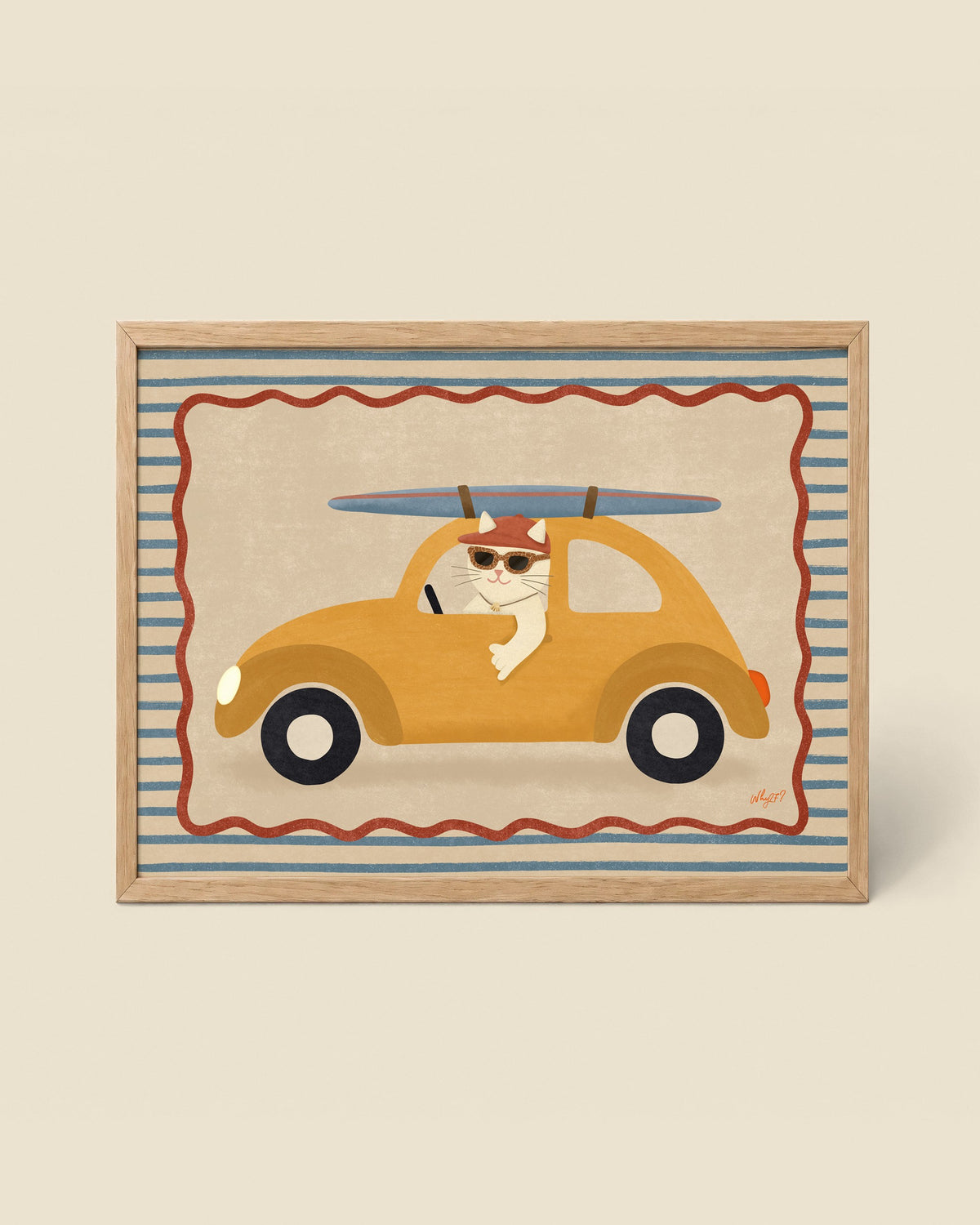 Surf Cat Car Poster framed in a natural wood frame