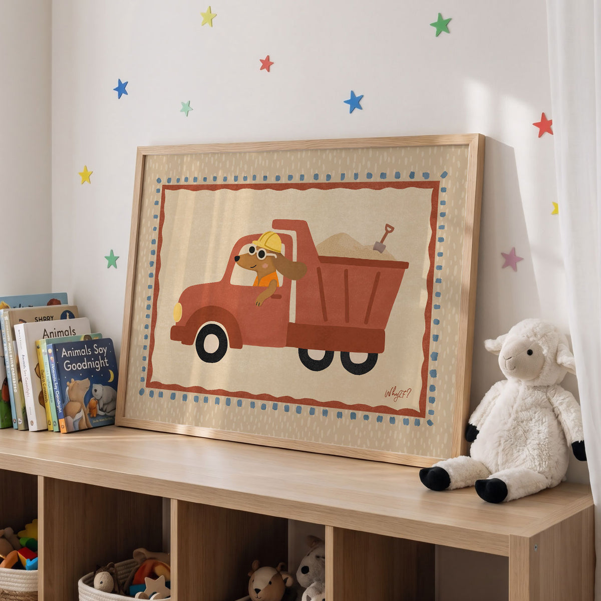 Landscape poster of a dog in a hard hat driving a red dump truck full of sand