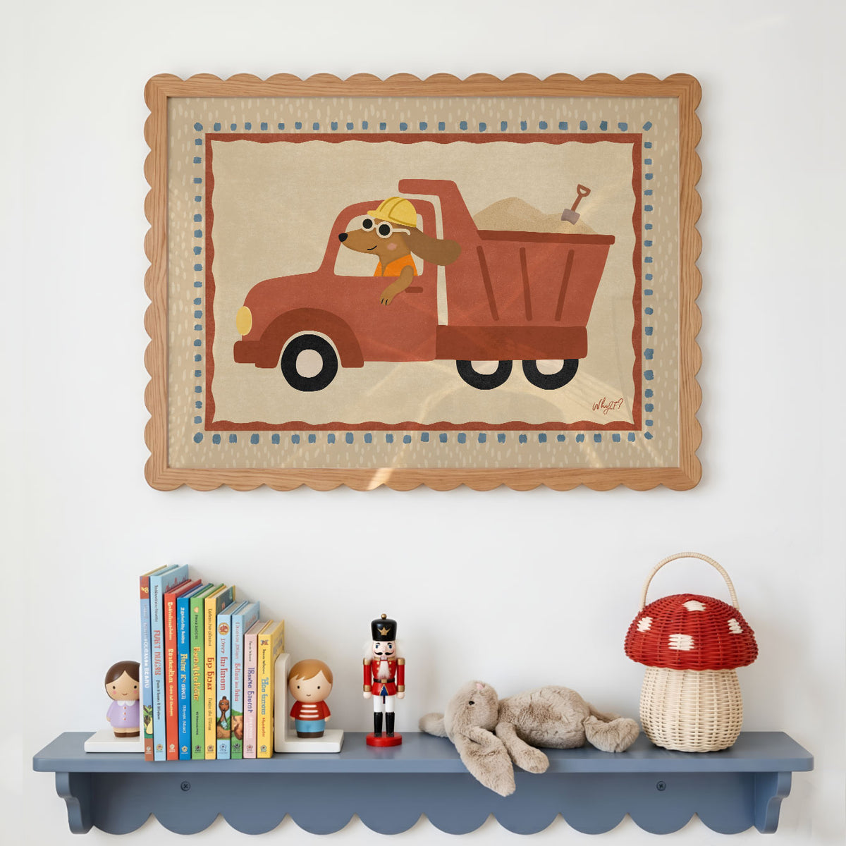 Landscape poster of a dog in a hard hat driving a red dump truck full of sand