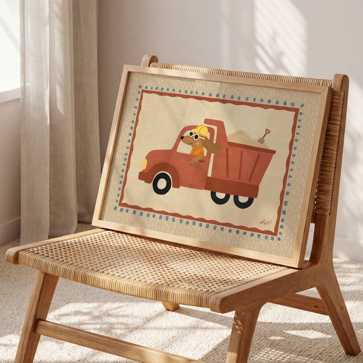 Landscape poster of a dog in a hard hat driving a red dump truck full of sand
