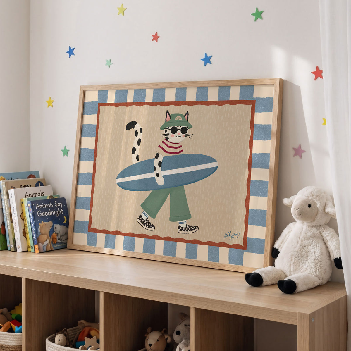 Landscape poster of a spotted cat in sunglasses carrying a surfboard under one arm