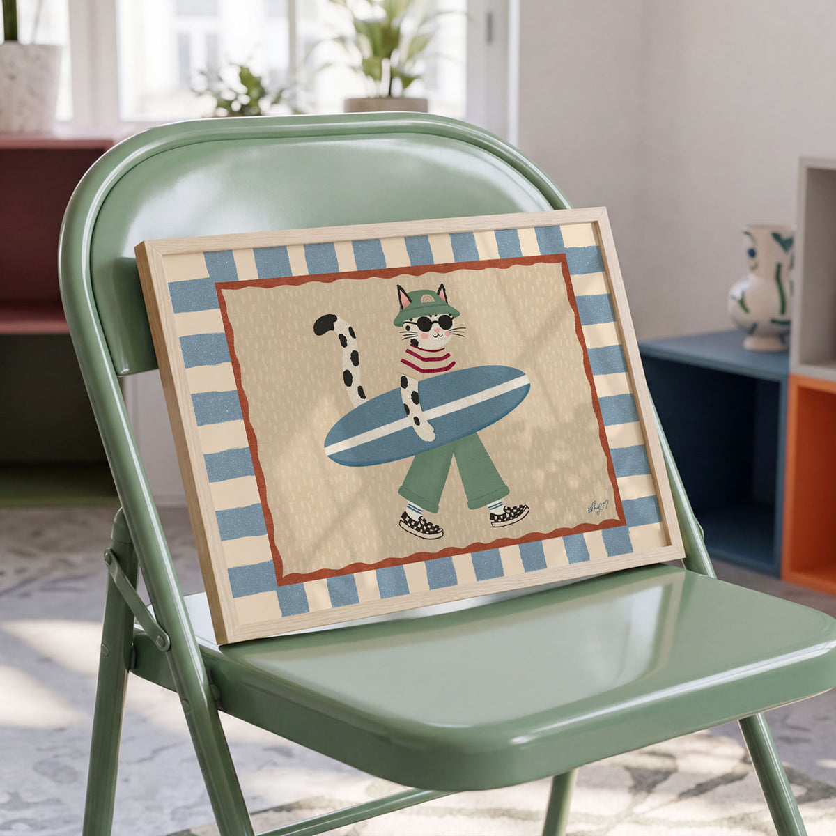 Landscape poster of a spotted cat in sunglasses carrying a surfboard under one arm
