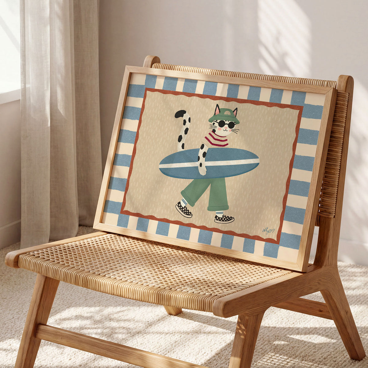 Landscape poster of a spotted cat in sunglasses carrying a surfboard under one arm