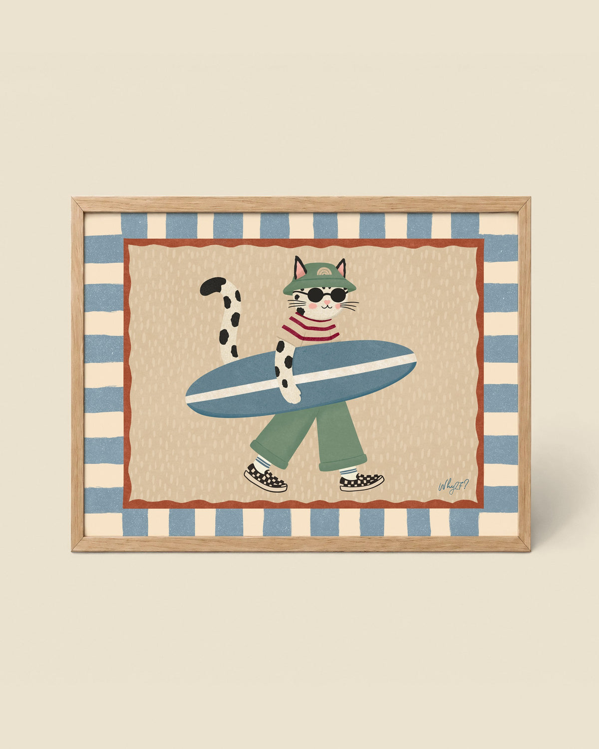 Surfer Cat Landscape Poster framed in a natural wood frame