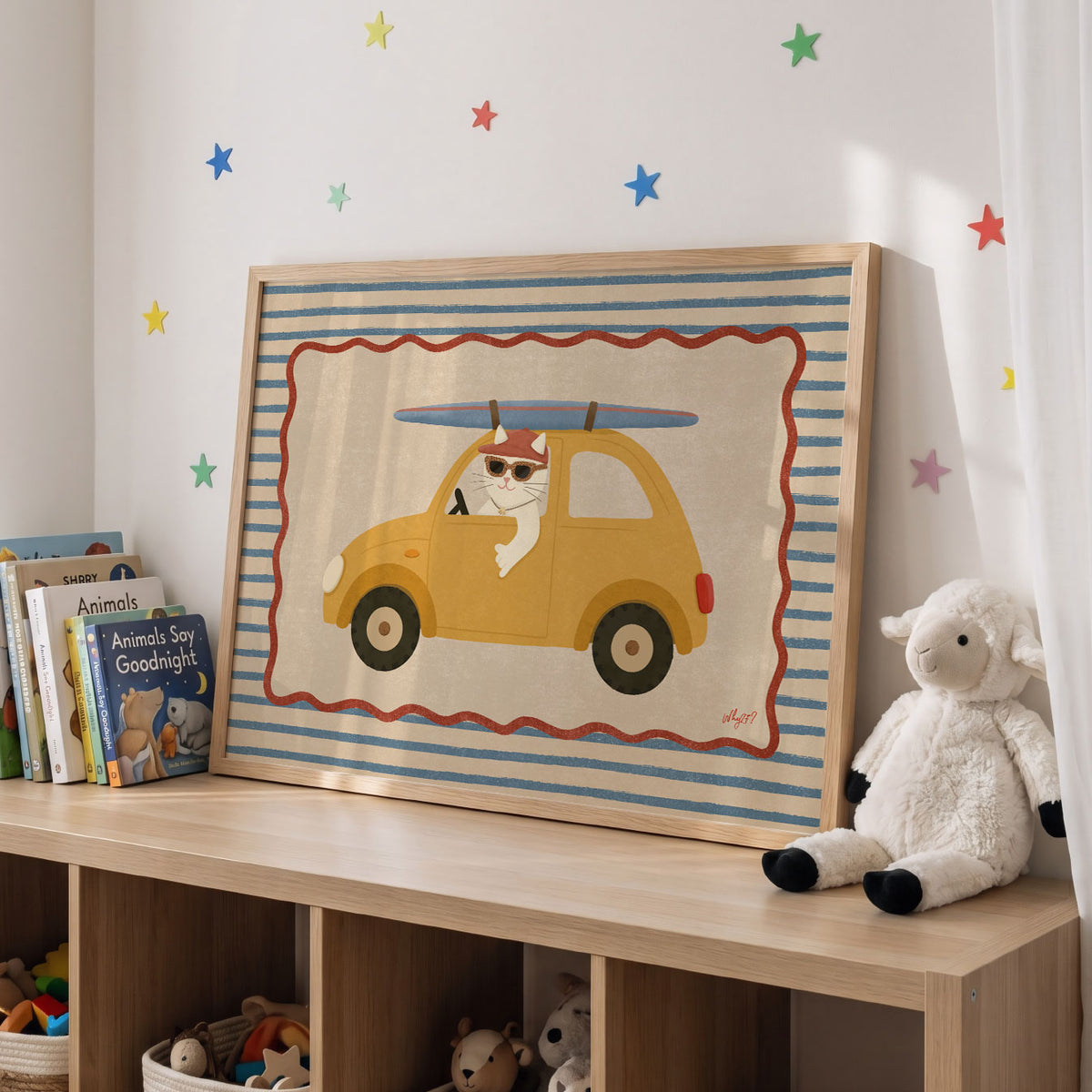 Landscape poster of a cat driving a yellow surf car on a blue and cream striped background
