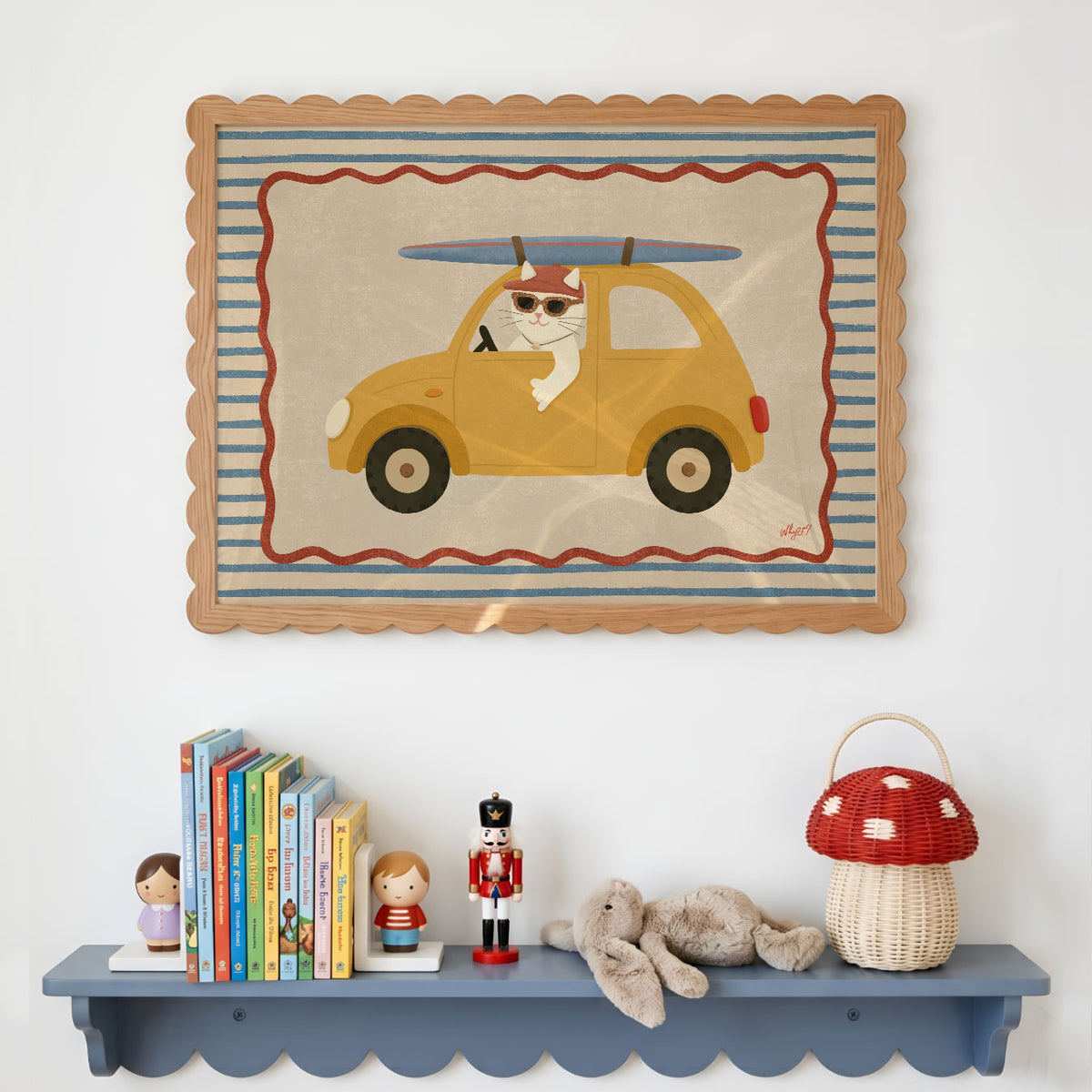 Landscape poster of a cat driving a yellow surf car on a blue and cream striped background