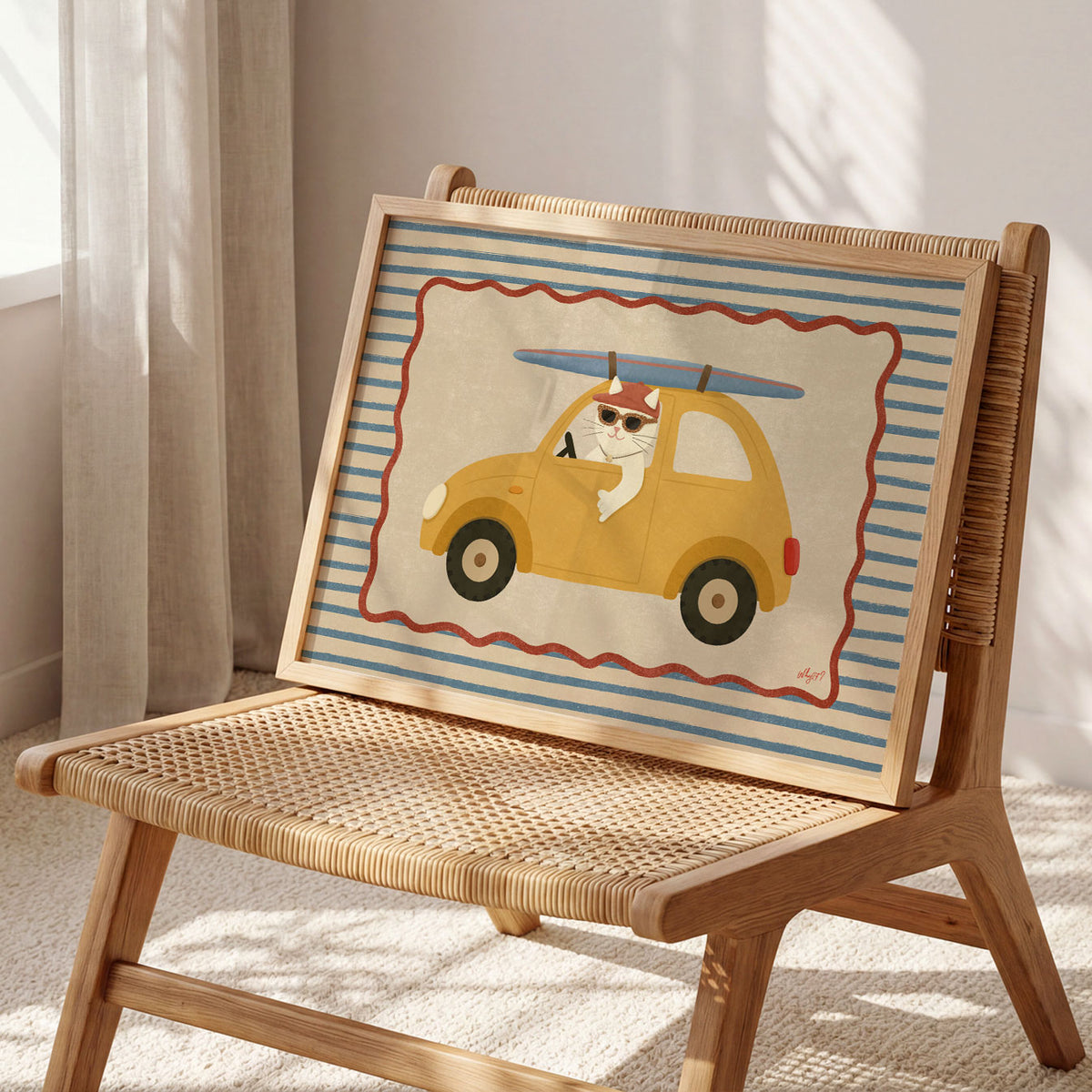 Landscape poster of a cat driving a yellow surf car on a blue and cream striped background