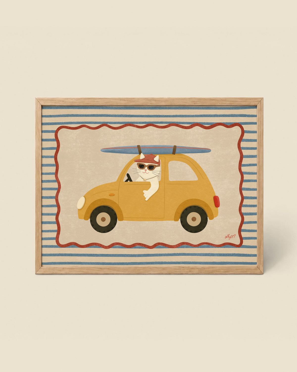 Surf Cat Car Stripes Poster framed in a natural wood frame