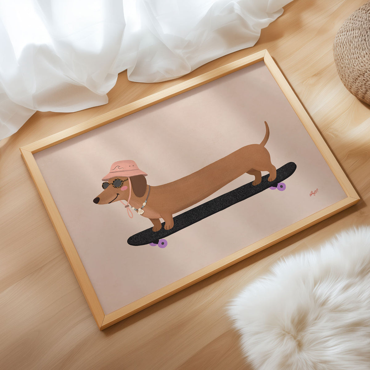 Landscape poster of a long dachshund in a pink hat riding a black skateboard