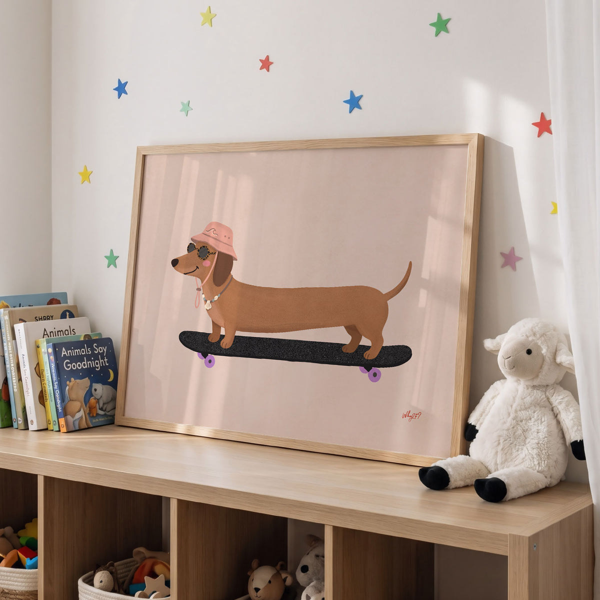 Landscape poster of a long dachshund in a pink hat riding a black skateboard