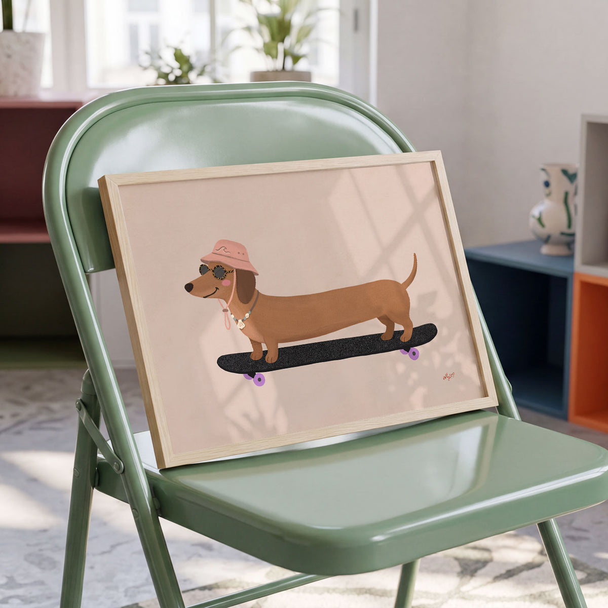 Landscape poster of a long dachshund in a pink hat riding a black skateboard