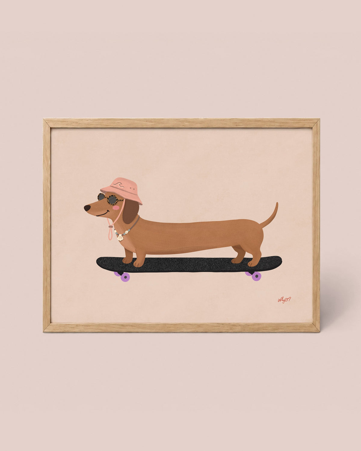 Skateboard Dachshund Poster framed in a natural wood frame