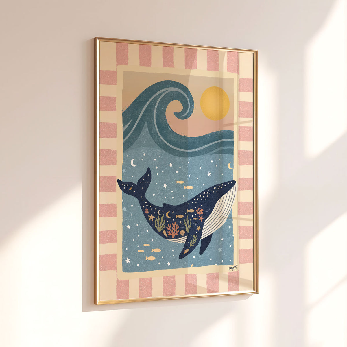 Whimsical ocean wall art featuring a blue whale surrounded by tiny sea life beneath a large wave.