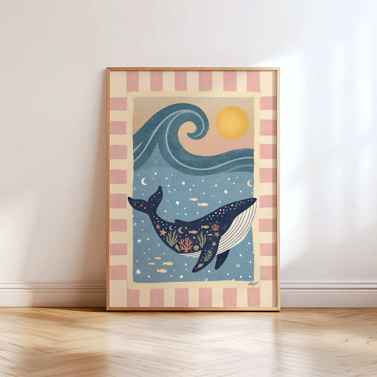 Ocean nursery poster with a hand-drawn whale, curling blue wave, small fish, moon and underwater plants.