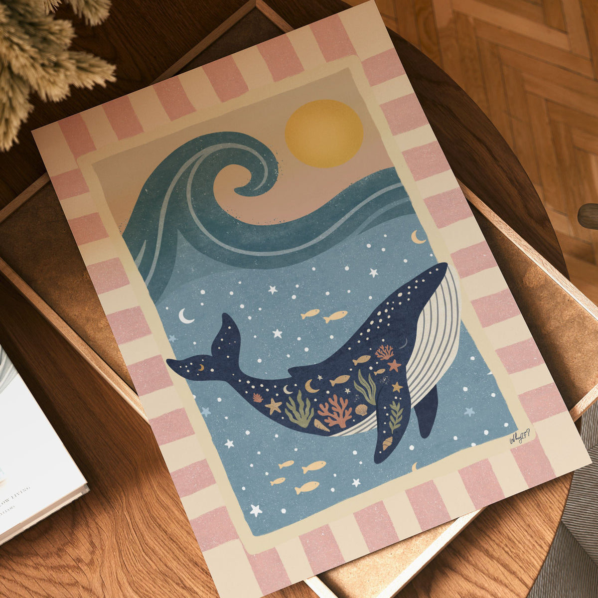 Whale kids wall art featuring a decorated blue whale swimming through a whimsical underwater scene.