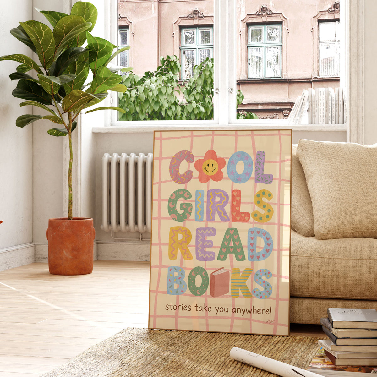 Hand-drawn reading poster with patterned Cool Girls Read Books lettering in pink, blue, green and yellow.