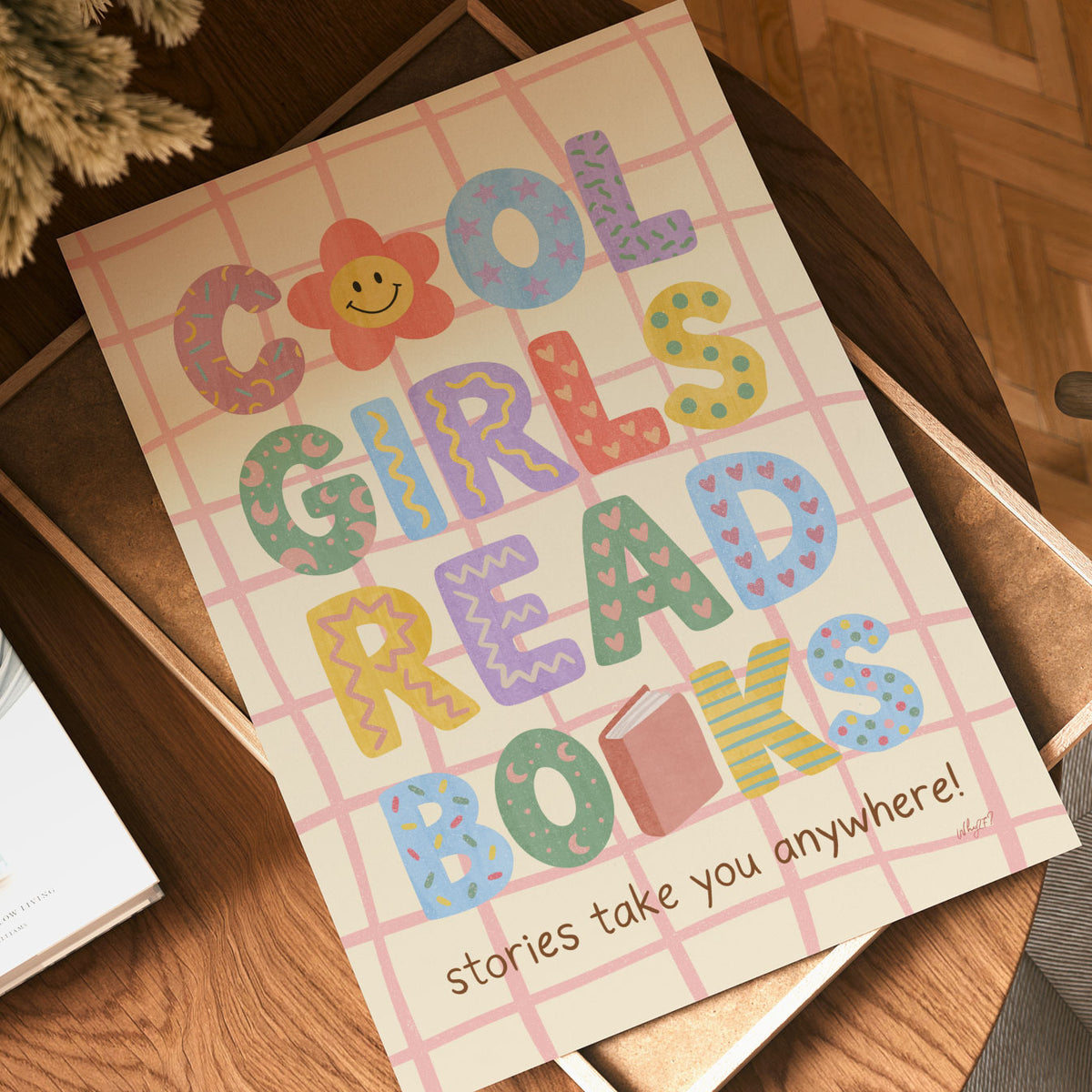 Playful kids book poster with Stories Take You Anywhere quote for a bedroom, reading nook or playroom.