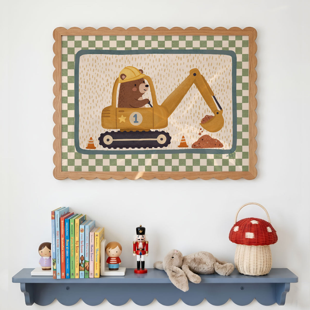 Landscape poster of a bear driving a yellow excavator on a green checkerboard background
