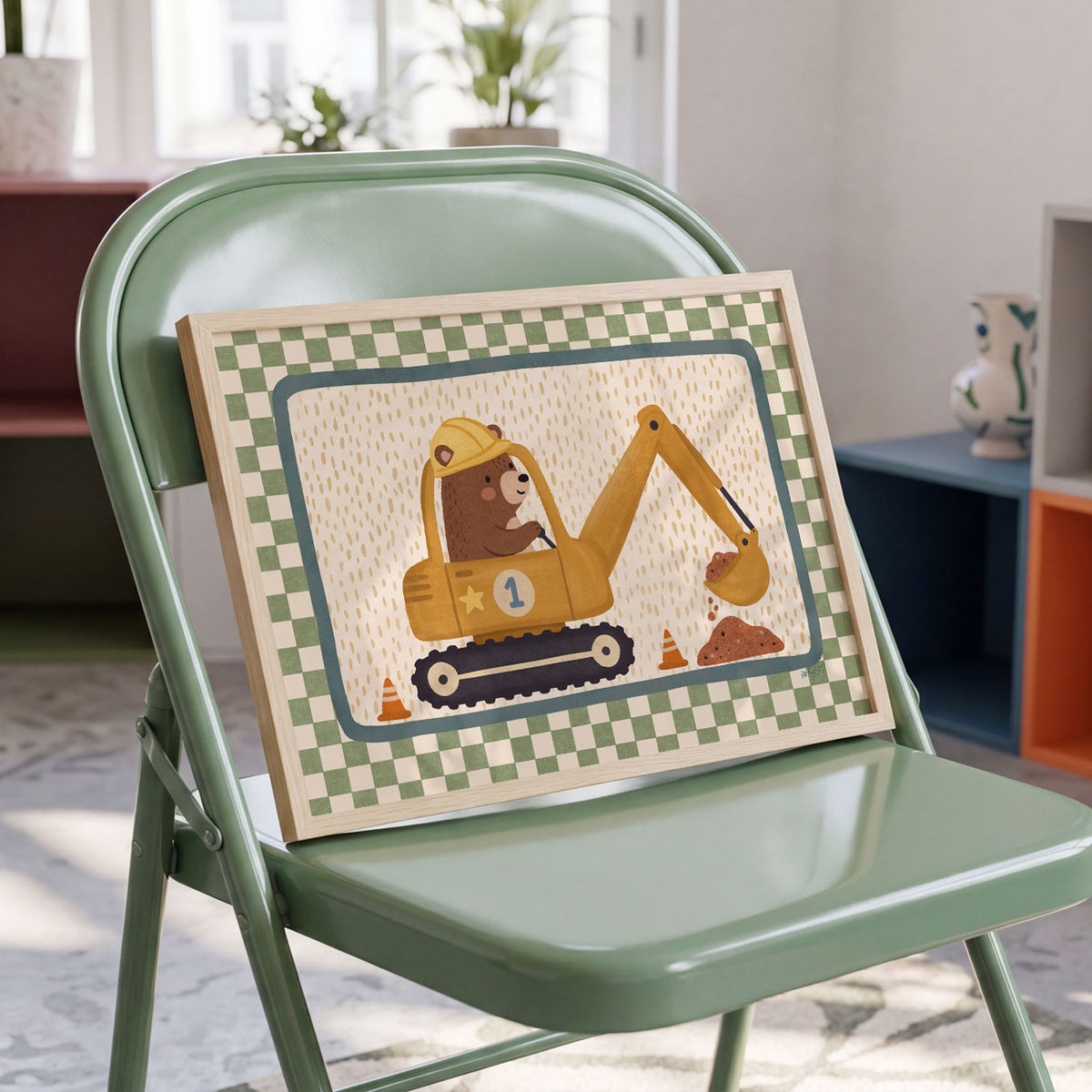 Landscape poster of a bear driving a yellow excavator on a green checkerboard background