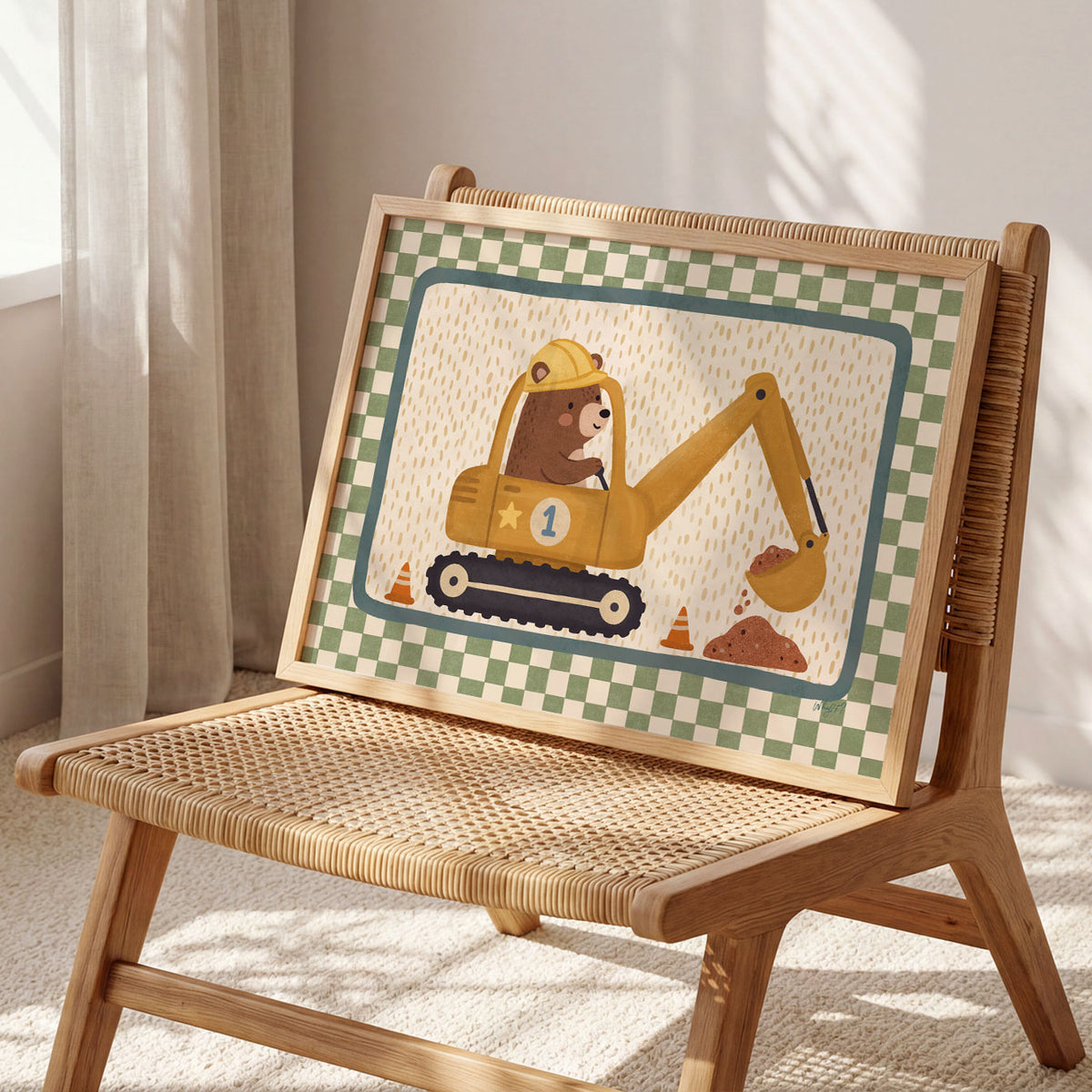 Landscape poster of a bear driving a yellow excavator on a green checkerboard background