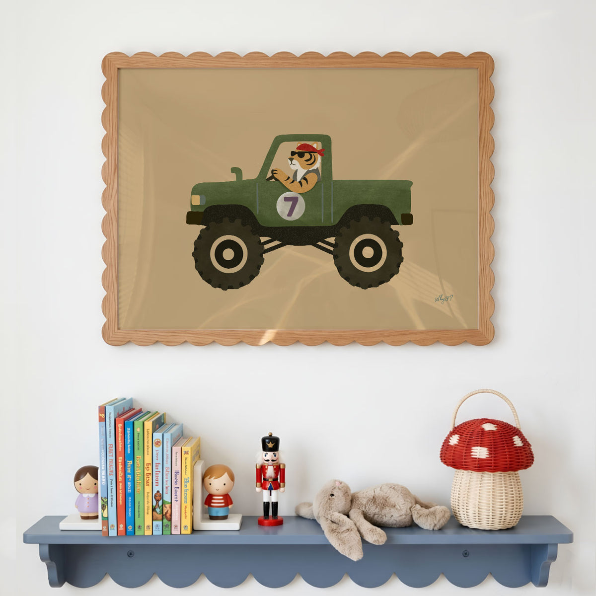Landscape poster of a tiger in a helmet driving a green monster truck