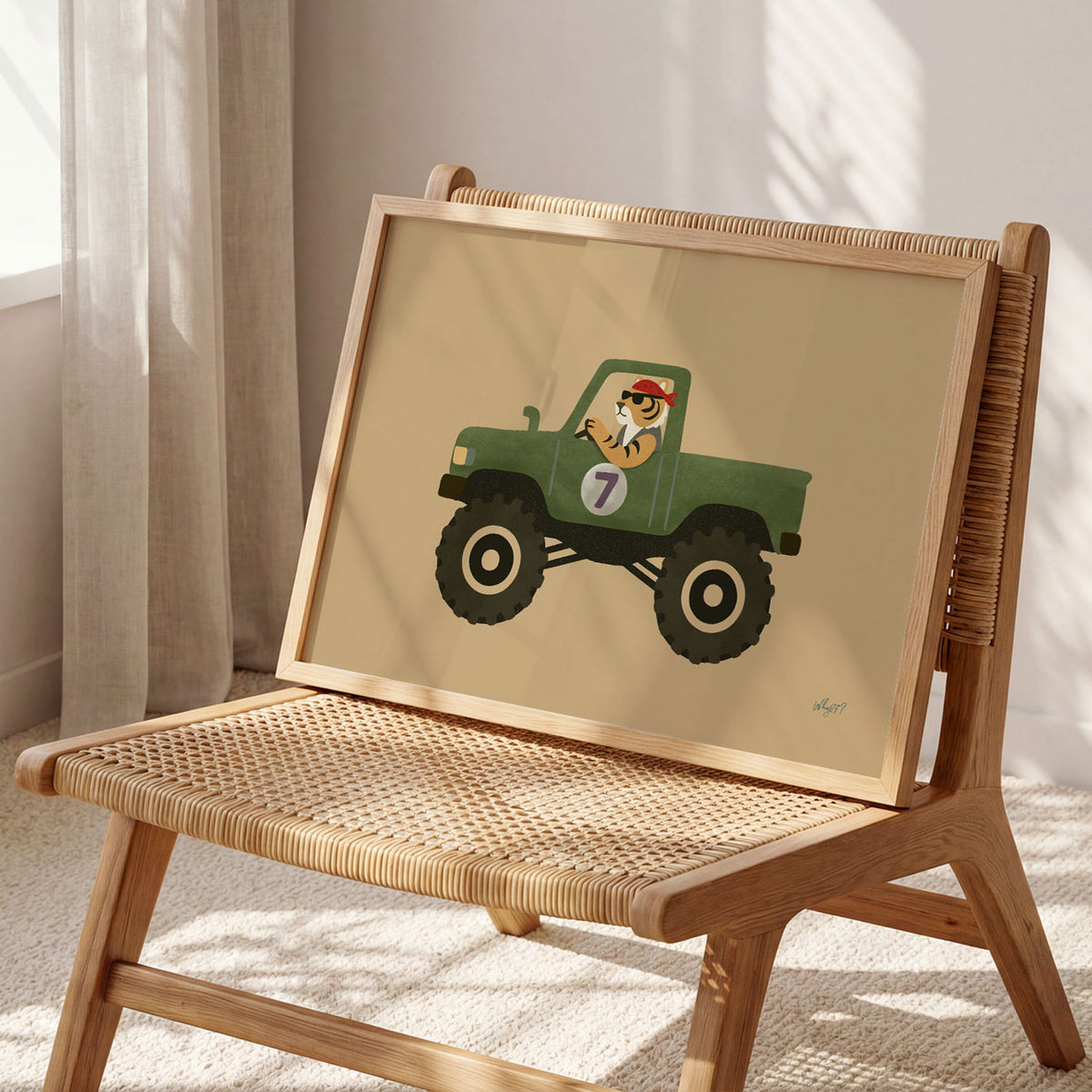 Landscape poster of a tiger in a helmet driving a green monster truck