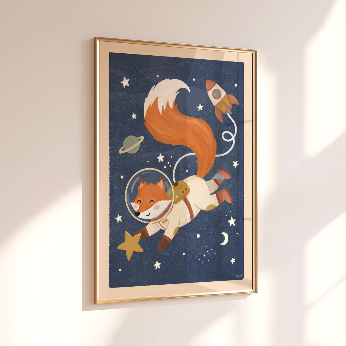 Illustrated poster of a fox in a cream spacesuit floating through a navy starry sky with a rocket and planet