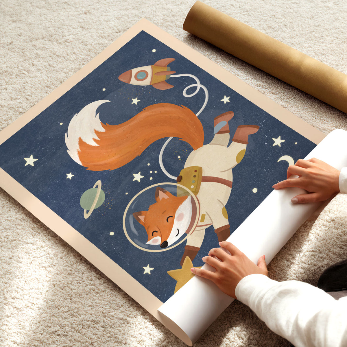 Illustrated poster of a fox in a cream spacesuit floating through a navy starry sky with a rocket and planet