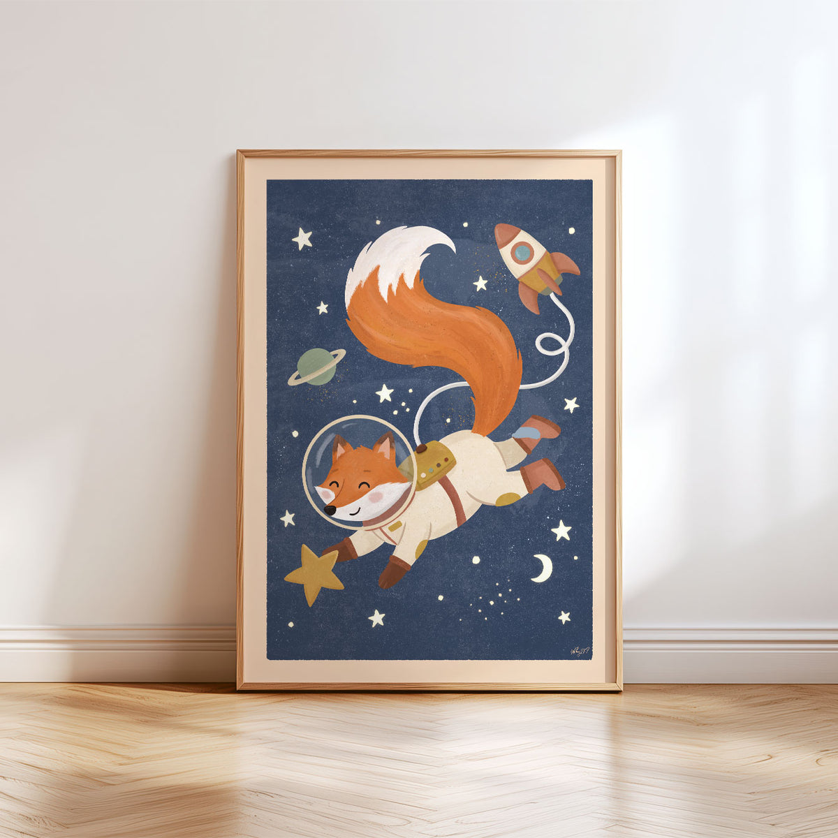 Illustrated poster of a fox in a cream spacesuit floating through a navy starry sky with a rocket and planet