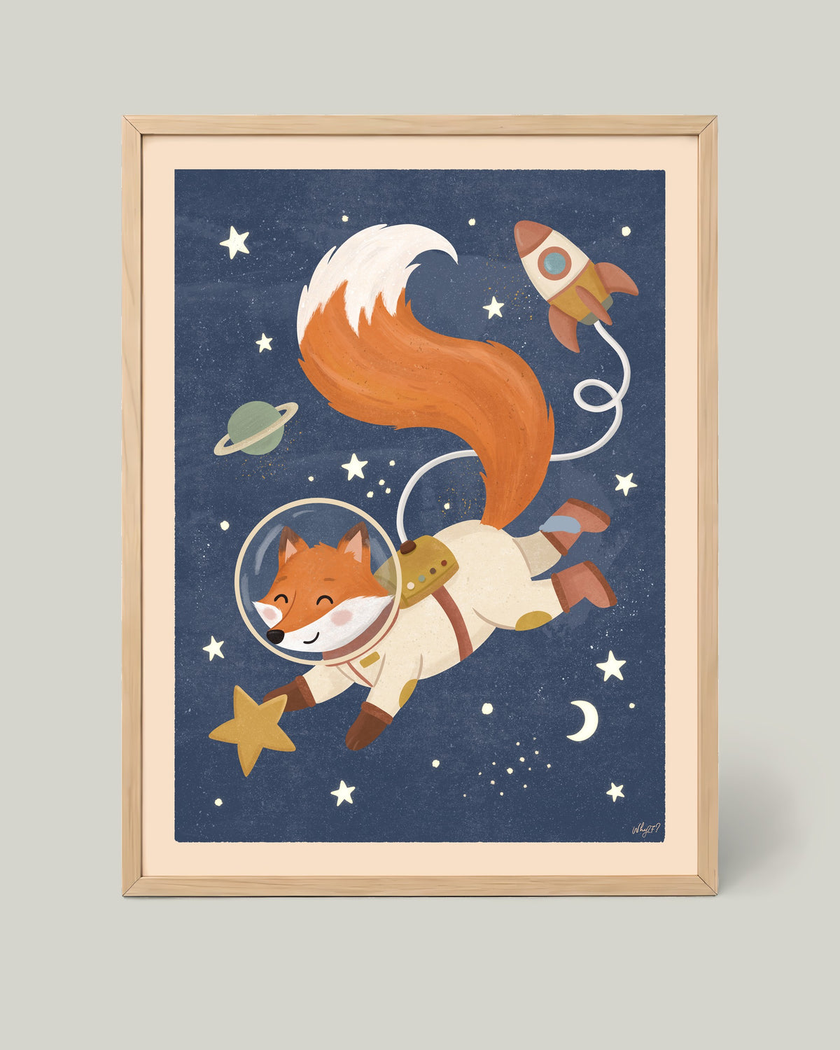 Astro Fox Poster framed in a natural wood frame