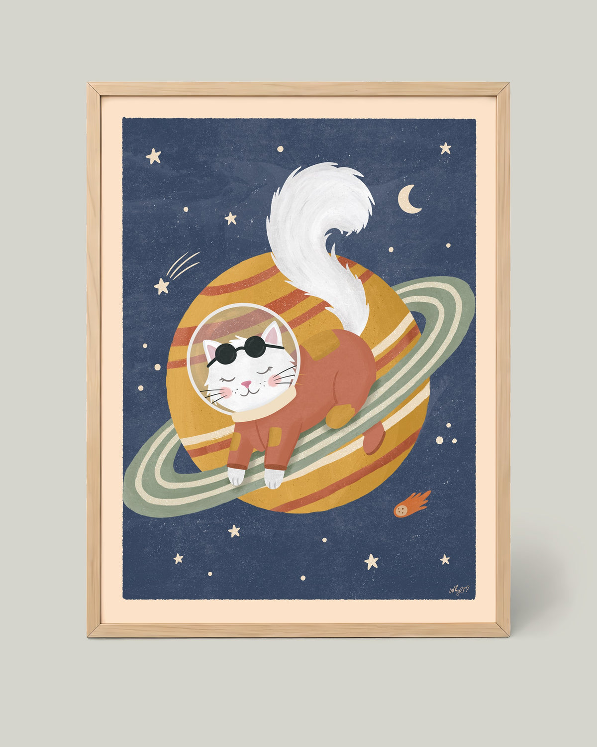 Saturn Cat Poster framed in a natural wood frame