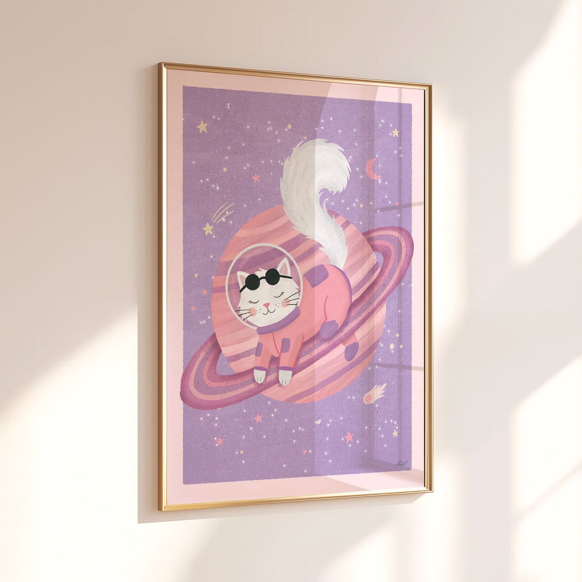 Illustrated poster of a white cat in a coral spacesuit resting on a pink ringed planet in a lilac sky