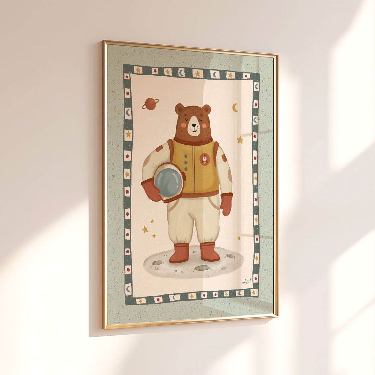 Illustrated poster of a brown bear in a spacesuit standing on the moon inside a star patterned border