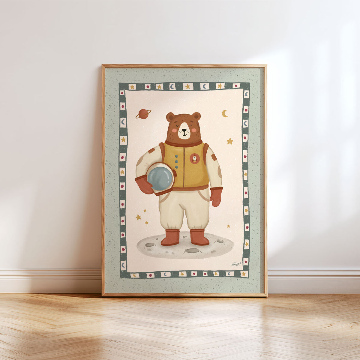 Illustrated poster of a brown bear in a spacesuit standing on the moon inside a star patterned border