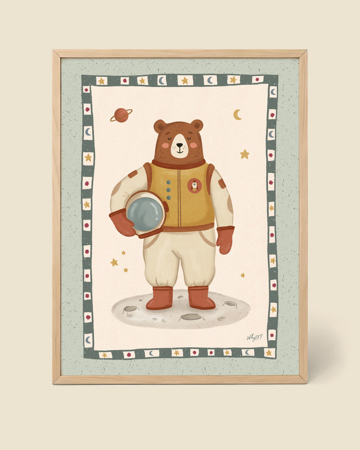 Astronaut Bear Poster framed in a natural wood frame