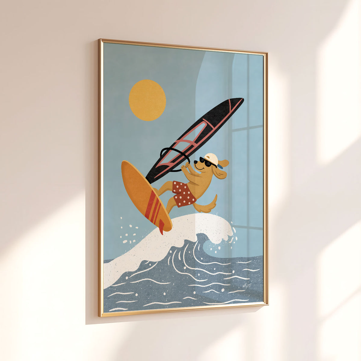 Illustrated poster of a golden dog windsurfing over a breaking wave under a bright yellow sun