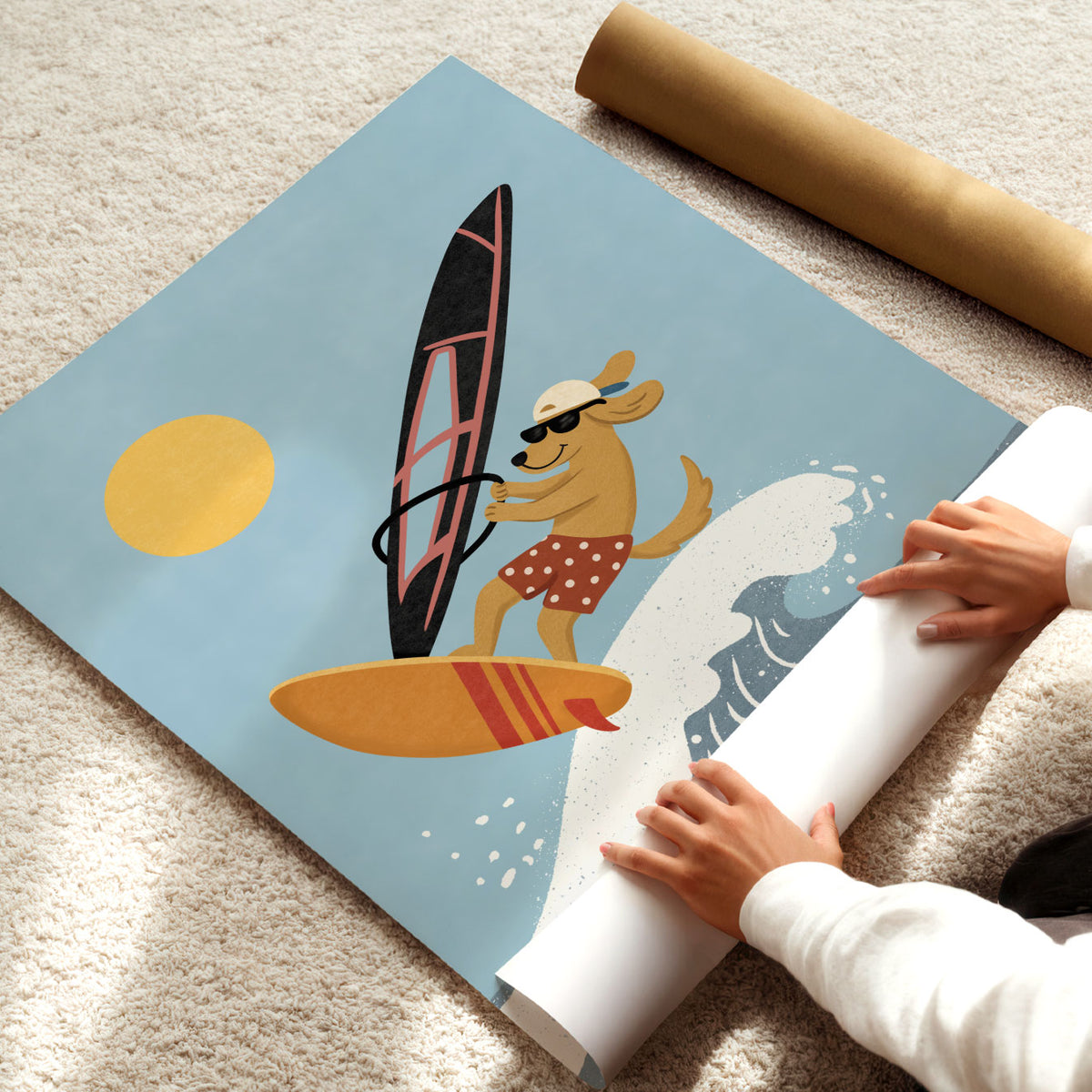 Illustrated poster of a golden dog windsurfing over a breaking wave under a bright yellow sun
