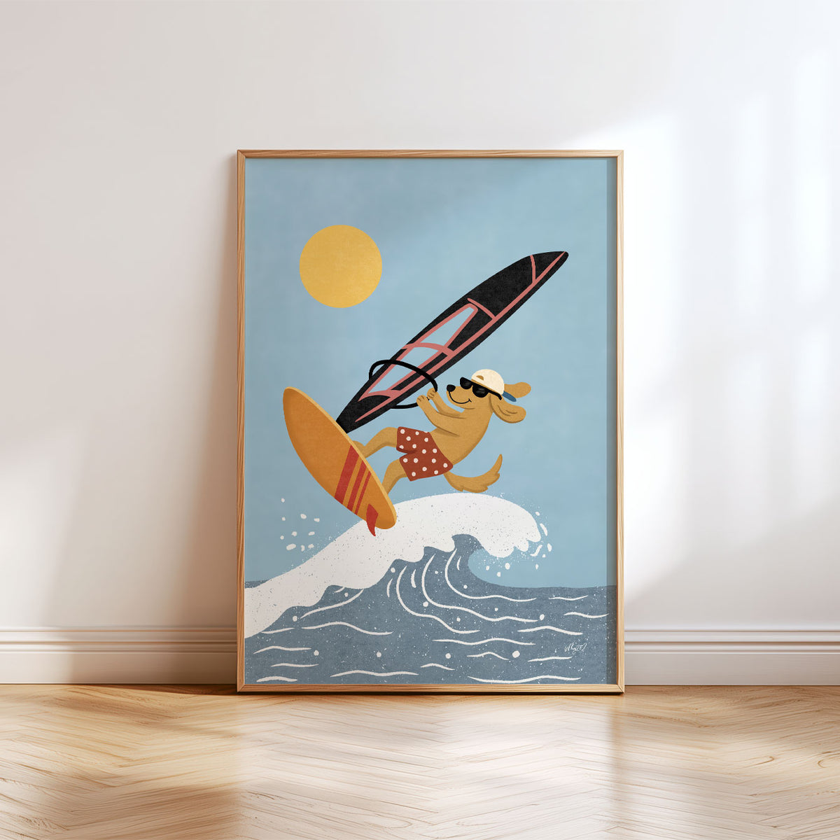 Illustrated poster of a golden dog windsurfing over a breaking wave under a bright yellow sun