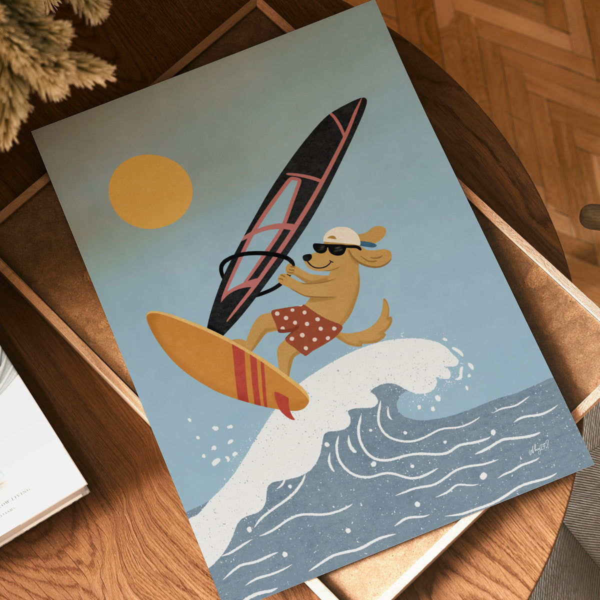 Illustrated poster of a golden dog windsurfing over a breaking wave under a bright yellow sun